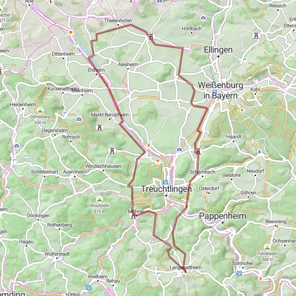 Karten-Miniaturansicht der Radinspiration "Die Höhen von Mittelfranken" in Mittelfranken, Germany. Erstellt vom Tarmacs.app-Routenplaner für Radtouren