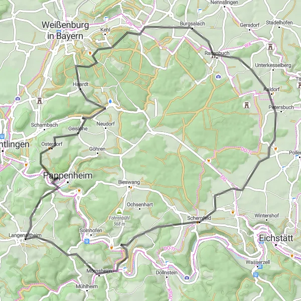 Map miniature of "Exploring the Bavarian Countryside" cycling inspiration in Mittelfranken, Germany. Generated by Tarmacs.app cycling route planner