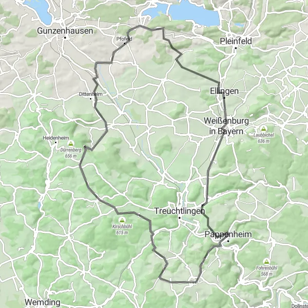 Map miniature of "Road to History: Langenaltheim Loop" cycling inspiration in Mittelfranken, Germany. Generated by Tarmacs.app cycling route planner