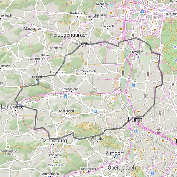 Map miniature of "Cadolzburg Adventure" cycling inspiration in Mittelfranken, Germany. Generated by Tarmacs.app cycling route planner