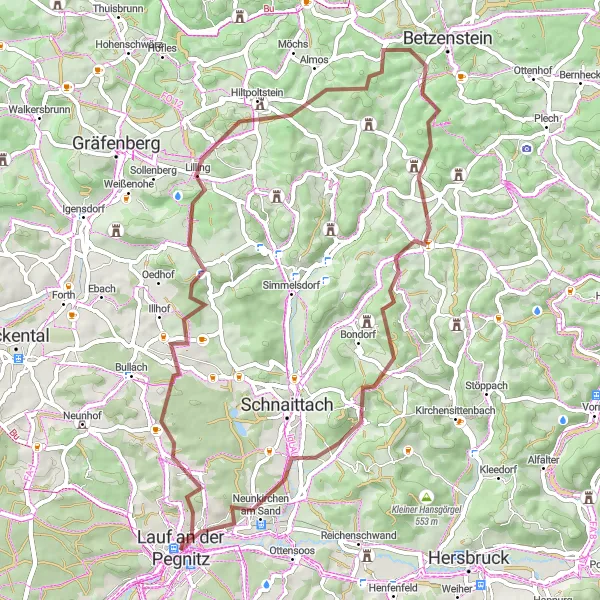 Map miniature of "The Gravel Adventure" cycling inspiration in Mittelfranken, Germany. Generated by Tarmacs.app cycling route planner