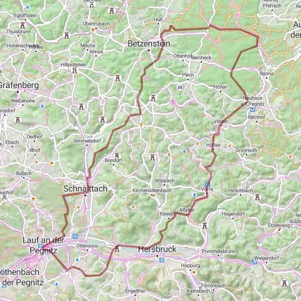 Map miniature of "Scenic Gravel Adventure near Lauf an der Pegnitz" cycling inspiration in Mittelfranken, Germany. Generated by Tarmacs.app cycling route planner