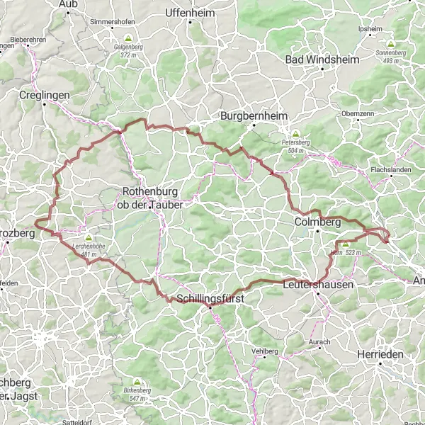 Karten-Miniaturansicht der Radinspiration "Herausfordernde Gravel-Tour um Lehrberg" in Mittelfranken, Germany. Erstellt vom Tarmacs.app-Routenplaner für Radtouren