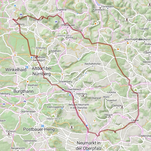 Karten-Miniaturansicht der Radinspiration "Rundfahrt um Leinburg - Herausfordernde Gravel-Strecke" in Mittelfranken, Germany. Erstellt vom Tarmacs.app-Routenplaner für Radtouren