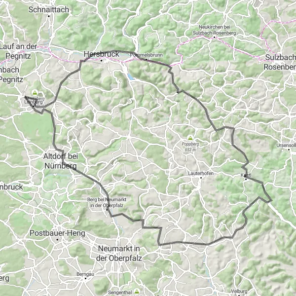 Karten-Miniaturansicht der Radinspiration "Rundfahrt um Leinburg - Road Cycling Abenteuer" in Mittelfranken, Germany. Erstellt vom Tarmacs.app-Routenplaner für Radtouren
