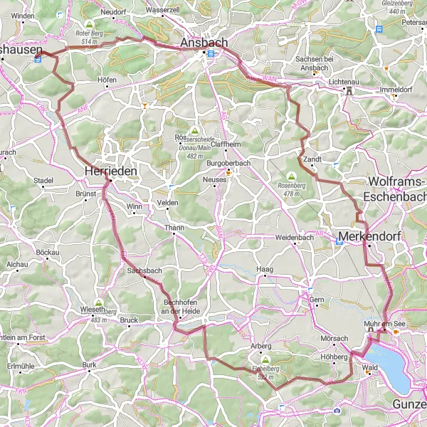 Map miniature of "Hilly Gravel Adventure Near Leutershausen" cycling inspiration in Mittelfranken, Germany. Generated by Tarmacs.app cycling route planner