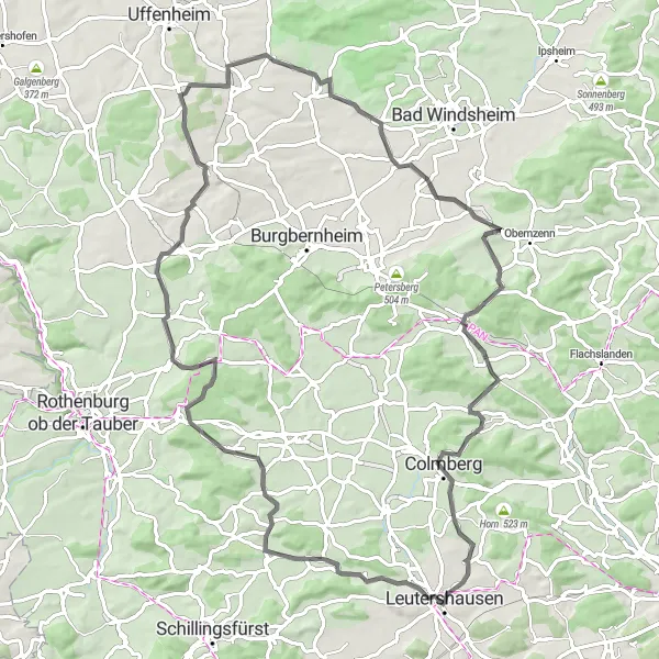 Karten-Miniaturansicht der Radinspiration "Rundtour durch Mittelfranken mit Ausblick auf Colmberg" in Mittelfranken, Germany. Erstellt vom Tarmacs.app-Routenplaner für Radtouren