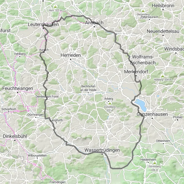 Karten-Miniaturansicht der Radinspiration "Mittelfranken Rundweg über Wurmbacher Berg und Dentlein am Forst" in Mittelfranken, Germany. Erstellt vom Tarmacs.app-Routenplaner für Radtouren