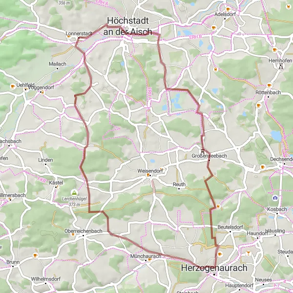 Map miniature of "Lonnerstadt to Höchstadt an der Aisch Gravel Ride" cycling inspiration in Mittelfranken, Germany. Generated by Tarmacs.app cycling route planner