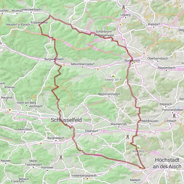 Map miniature of "The Steigerwald Gravel Adventure" cycling inspiration in Mittelfranken, Germany. Generated by Tarmacs.app cycling route planner