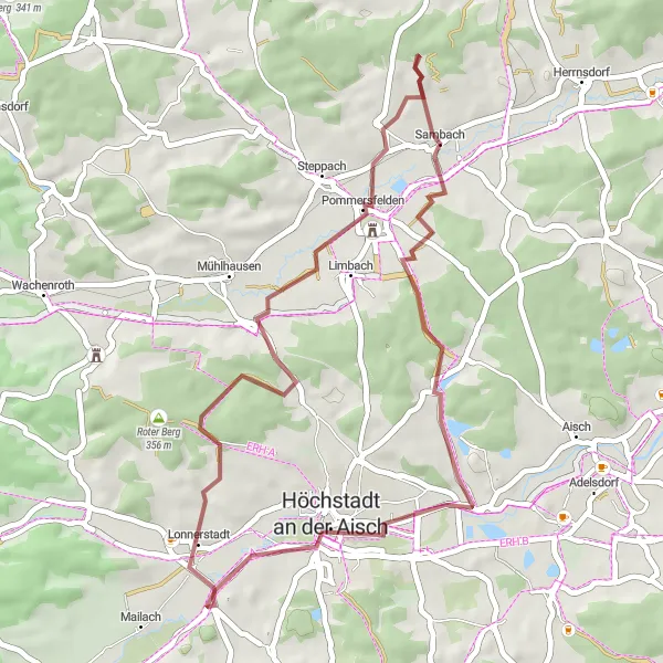 Map miniature of "Lonnerstadt Gravel Loop" cycling inspiration in Mittelfranken, Germany. Generated by Tarmacs.app cycling route planner