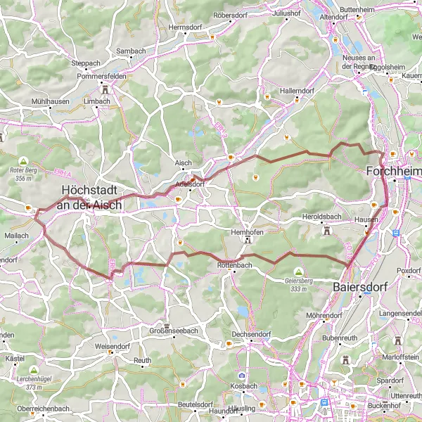 Map miniature of "Lonnerstadt to Sterpersdorf Gravel Ride" cycling inspiration in Mittelfranken, Germany. Generated by Tarmacs.app cycling route planner