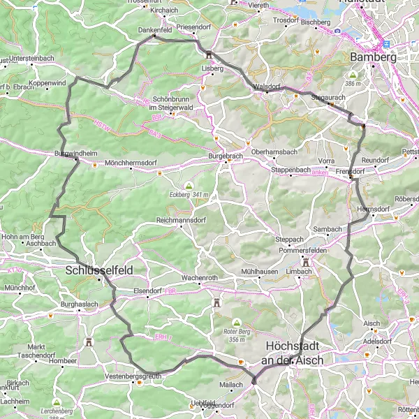 Map miniature of "The Castle Route" cycling inspiration in Mittelfranken, Germany. Generated by Tarmacs.app cycling route planner