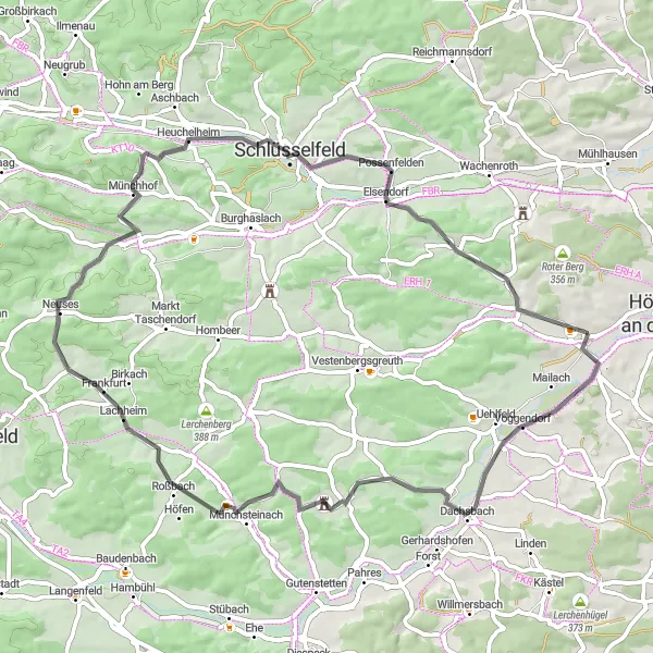 Map miniature of "Lonnerstadt Road Adventure" cycling inspiration in Mittelfranken, Germany. Generated by Tarmacs.app cycling route planner