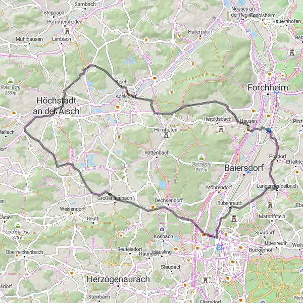 Map miniature of "Lonnerstadt Road Challenge" cycling inspiration in Mittelfranken, Germany. Generated by Tarmacs.app cycling route planner