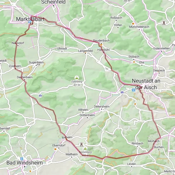 Map miniature of "Jägersberg - Hambühl - Neustadt an der Aisch - Sonnenberg - Rüdisbronn - Kühnberg Gravel Cycling Route" cycling inspiration in Mittelfranken, Germany. Generated by Tarmacs.app cycling route planner