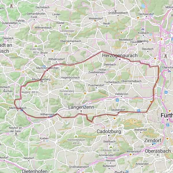 Karten-Miniaturansicht der Radinspiration "Auf den Spuren von Markt Erlbach" in Mittelfranken, Germany. Erstellt vom Tarmacs.app-Routenplaner für Radtouren