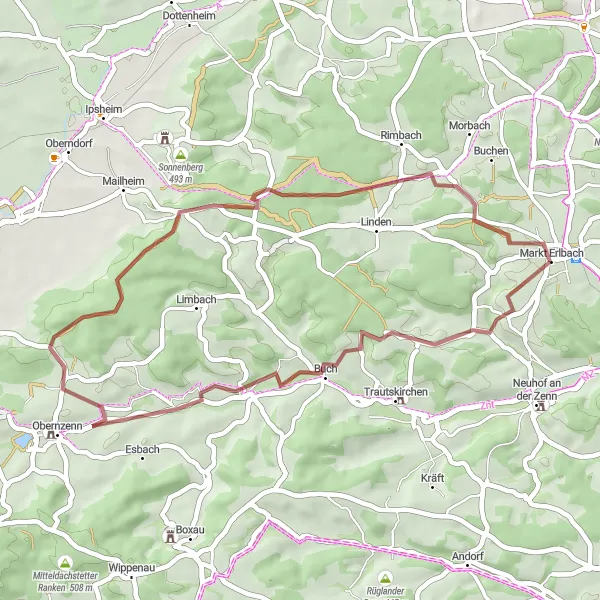 Karten-Miniaturansicht der Radinspiration "Kurze Gravel-Tour um Markt Erlbach" in Mittelfranken, Germany. Erstellt vom Tarmacs.app-Routenplaner für Radtouren