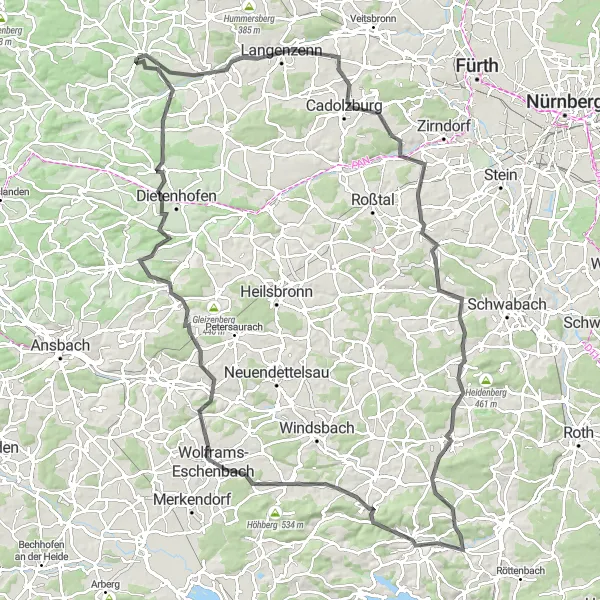 Karten-Miniaturansicht der Radinspiration "Hügelige Höhenrunde Mittelfranken" in Mittelfranken, Germany. Erstellt vom Tarmacs.app-Routenplaner für Radtouren