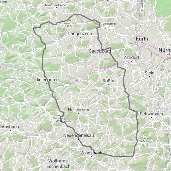 Karten-Miniaturansicht der Radinspiration "Große Tour durch Mittelfranken" in Mittelfranken, Germany. Erstellt vom Tarmacs.app-Routenplaner für Radtouren
