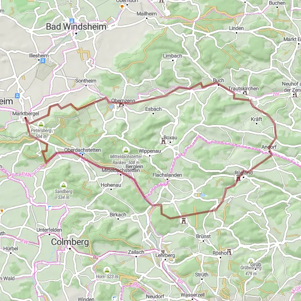 Map miniature of "Petersberg and Trautskirchen" cycling inspiration in Mittelfranken, Germany. Generated by Tarmacs.app cycling route planner