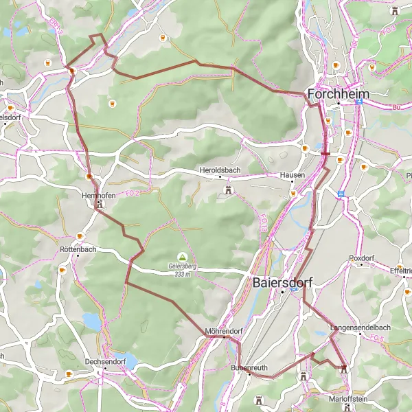 Karten-Miniaturansicht der Radinspiration "Erleben Sie die Natur mit einer Gravel-Tour um Marloffstein" in Mittelfranken, Germany. Erstellt vom Tarmacs.app-Routenplaner für Radtouren