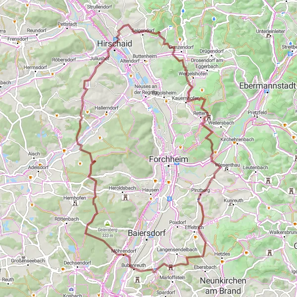 Map miniature of "Möhrendorf Gravel Adventure" cycling inspiration in Mittelfranken, Germany. Generated by Tarmacs.app cycling route planner