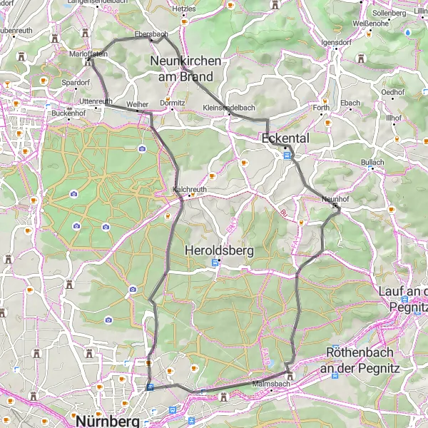 Map miniature of "Marloffstein Countryside Road Cycling Route" cycling inspiration in Mittelfranken, Germany. Generated by Tarmacs.app cycling route planner