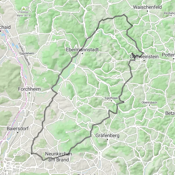 Karten-Miniaturansicht der Radinspiration "Herausfordernde Straßenrunde mit Panoramablick" in Mittelfranken, Germany. Erstellt vom Tarmacs.app-Routenplaner für Radtouren