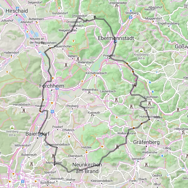 Map miniature of "Off the Beaten Path - Scenic Road Cycling" cycling inspiration in Mittelfranken, Germany. Generated by Tarmacs.app cycling route planner