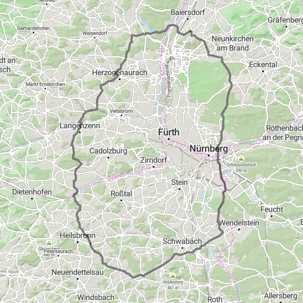Karten-Miniaturansicht der Radinspiration "Hügeliges Abenteuer um Mittelfranken" in Mittelfranken, Germany. Erstellt vom Tarmacs.app-Routenplaner für Radtouren