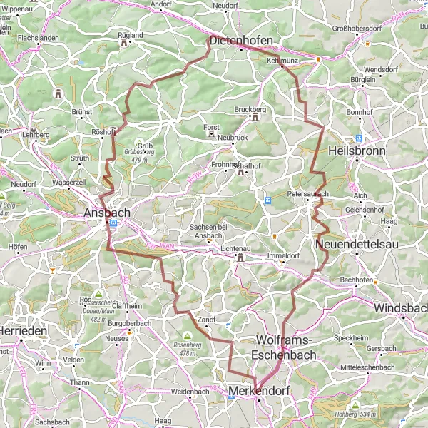 Map miniature of "Gravel Adventure through Historical Route" cycling inspiration in Mittelfranken, Germany. Generated by Tarmacs.app cycling route planner