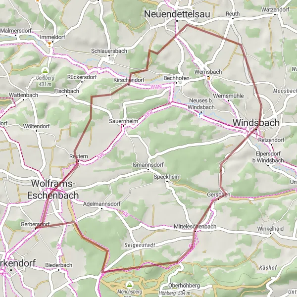 Karten-Miniaturansicht der Radinspiration "Neuendettelsau Tour" in Mittelfranken, Germany. Erstellt vom Tarmacs.app-Routenplaner für Radtouren