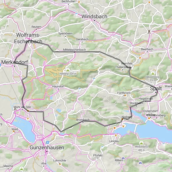 Map miniature of "Wolframs-Eschenbach and Schleißrücken" cycling inspiration in Mittelfranken, Germany. Generated by Tarmacs.app cycling route planner