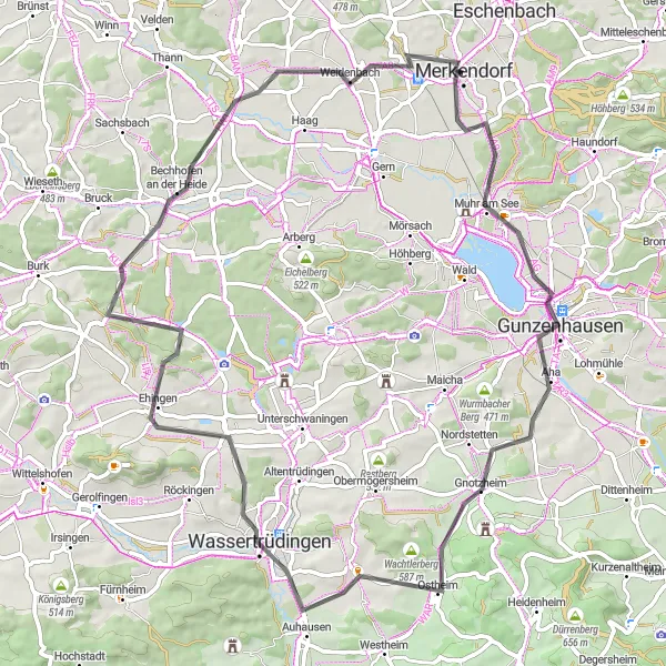 Map miniature of "Discovery of Gunzenhausen and Kleinried" cycling inspiration in Mittelfranken, Germany. Generated by Tarmacs.app cycling route planner