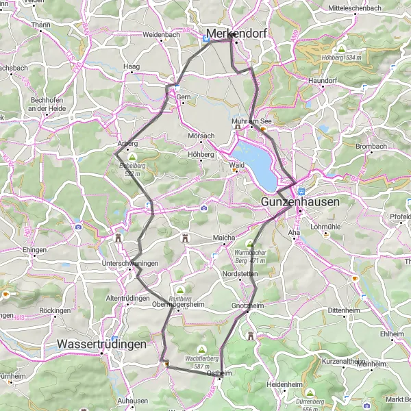 Map miniature of "Countryside Escape: Muhr am See Loop" cycling inspiration in Mittelfranken, Germany. Generated by Tarmacs.app cycling route planner