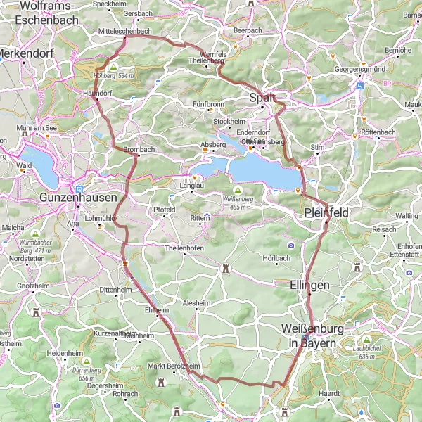 Karten-Miniaturansicht der Radinspiration "Graveltour durch Windsfeld und Haundorf" in Mittelfranken, Germany. Erstellt vom Tarmacs.app-Routenplaner für Radtouren