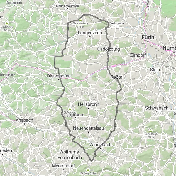 Karten-Miniaturansicht der Radinspiration "Anspruchsvolle Rundtour durch die Mittelfränkische Landschaft" in Mittelfranken, Germany. Erstellt vom Tarmacs.app-Routenplaner für Radtouren