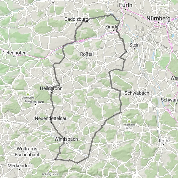 Karten-Miniaturansicht der Radinspiration "Roadtour durch Neuendettelsau und Kapsberg" in Mittelfranken, Germany. Erstellt vom Tarmacs.app-Routenplaner für Radtouren
