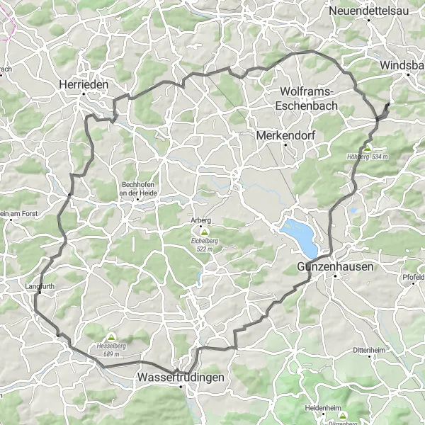 Karten-Miniaturansicht der Radinspiration "Hügeliges Straßenradfahren rund um Mitteleschenbach" in Mittelfranken, Germany. Erstellt vom Tarmacs.app-Routenplaner für Radtouren