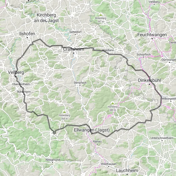 Map miniature of "Sights and Sounds of Jagst Valley" cycling inspiration in Mittelfranken, Germany. Generated by Tarmacs.app cycling route planner
