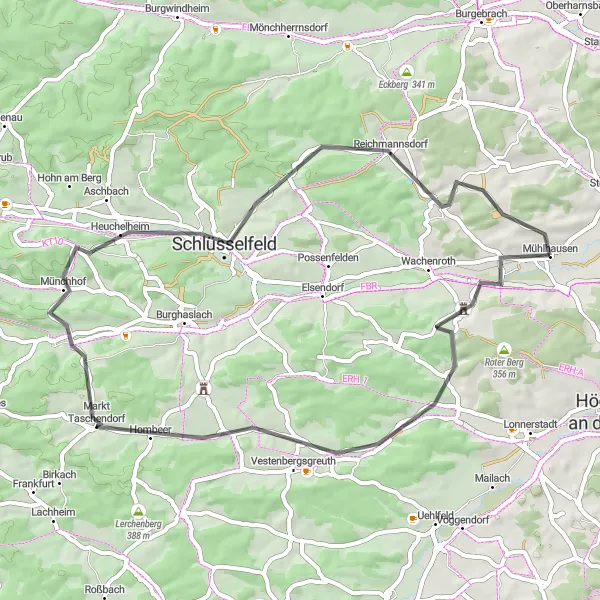 Karten-Miniaturansicht der Radinspiration "Markt Taschendorf und Mühlhausen Straßenrunde" in Mittelfranken, Germany. Erstellt vom Tarmacs.app-Routenplaner für Radtouren