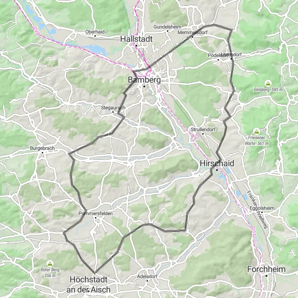 Karten-Miniaturansicht der Radinspiration "Hirschaid und Nackendorf Straßenrunde" in Mittelfranken, Germany. Erstellt vom Tarmacs.app-Routenplaner für Radtouren