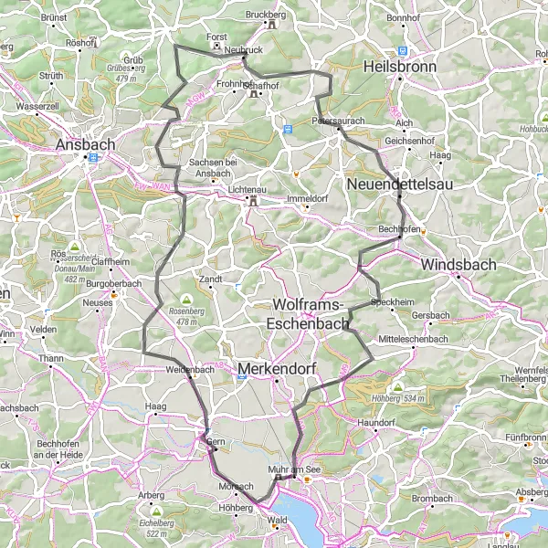 Karten-Miniaturansicht der Radinspiration "Ornbau-Neuendettelsau Radtour" in Mittelfranken, Germany. Erstellt vom Tarmacs.app-Routenplaner für Radtouren