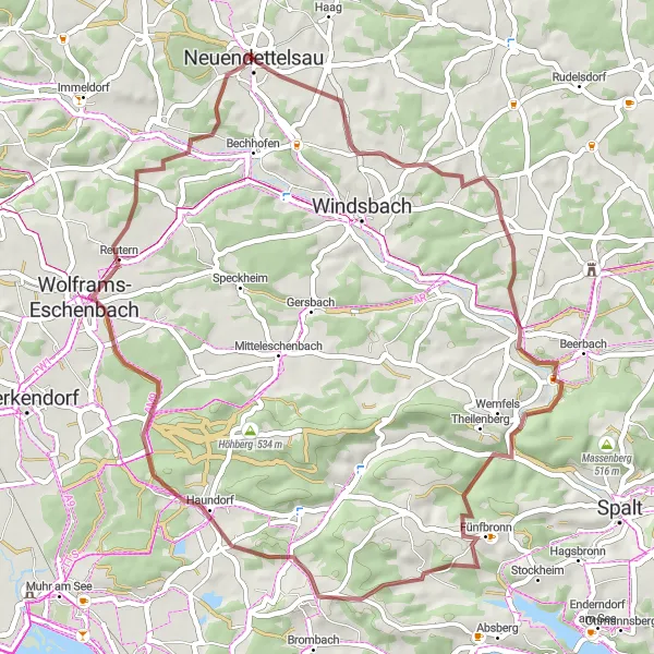 Karten-Miniaturansicht der Radinspiration "Gravelabenteuer um Neuendettelsau" in Mittelfranken, Germany. Erstellt vom Tarmacs.app-Routenplaner für Radtouren
