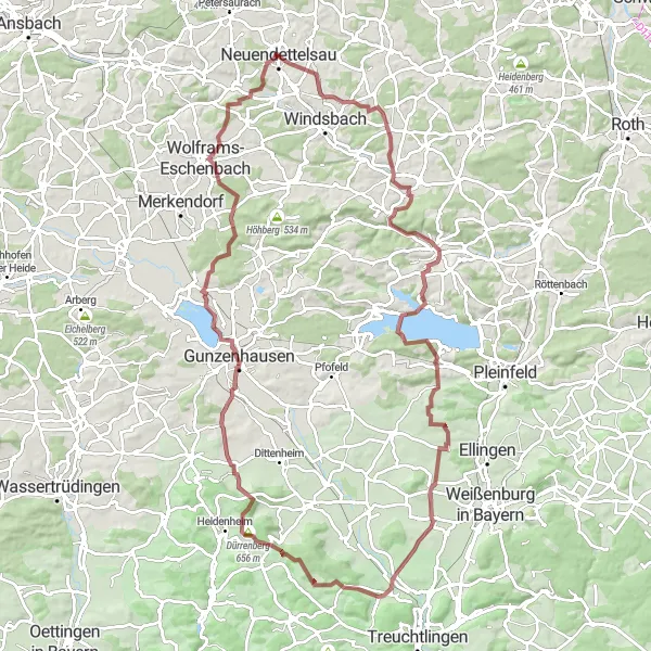 Map miniature of "Off-road Adventure and Scenic Lakes" cycling inspiration in Mittelfranken, Germany. Generated by Tarmacs.app cycling route planner
