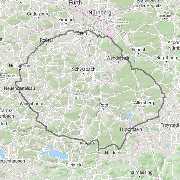 Map miniature of "Neuendettelsau Round-Trip Road Cycling Route" cycling inspiration in Mittelfranken, Germany. Generated by Tarmacs.app cycling route planner