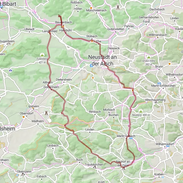 Map miniature of "Tranquil Landscapes of Langenfeld" cycling inspiration in Mittelfranken, Germany. Generated by Tarmacs.app cycling route planner