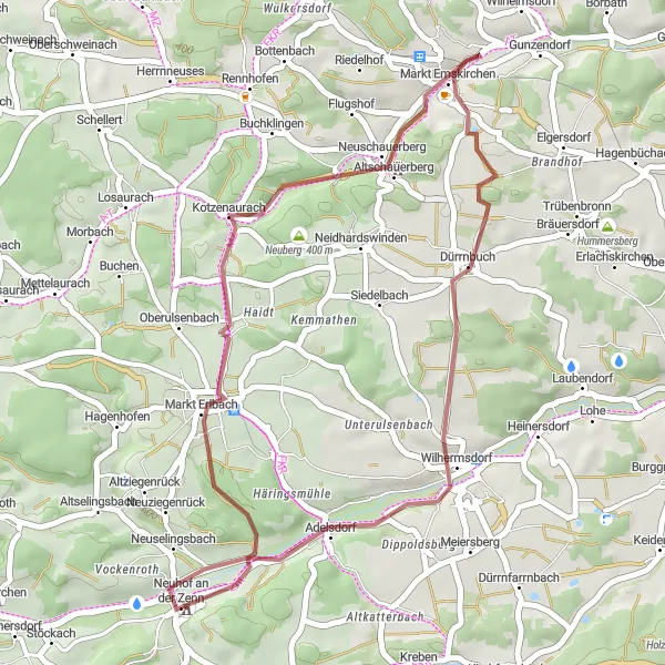 Karten-Miniaturansicht der Radinspiration "Neuhof an der Zenn - Markt Erlbach Rundkurs" in Mittelfranken, Germany. Erstellt vom Tarmacs.app-Routenplaner für Radtouren