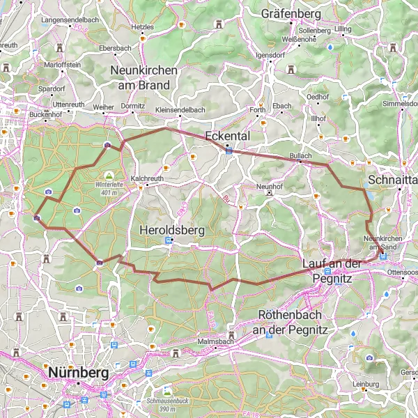 Map miniature of "Gravel Tour through Lauf an der Pegnitz and Kleinsendelbach" cycling inspiration in Mittelfranken, Germany. Generated by Tarmacs.app cycling route planner